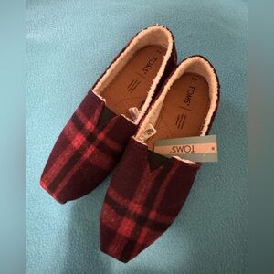 Toms Burgundy and Black Plaid Slip-Ons